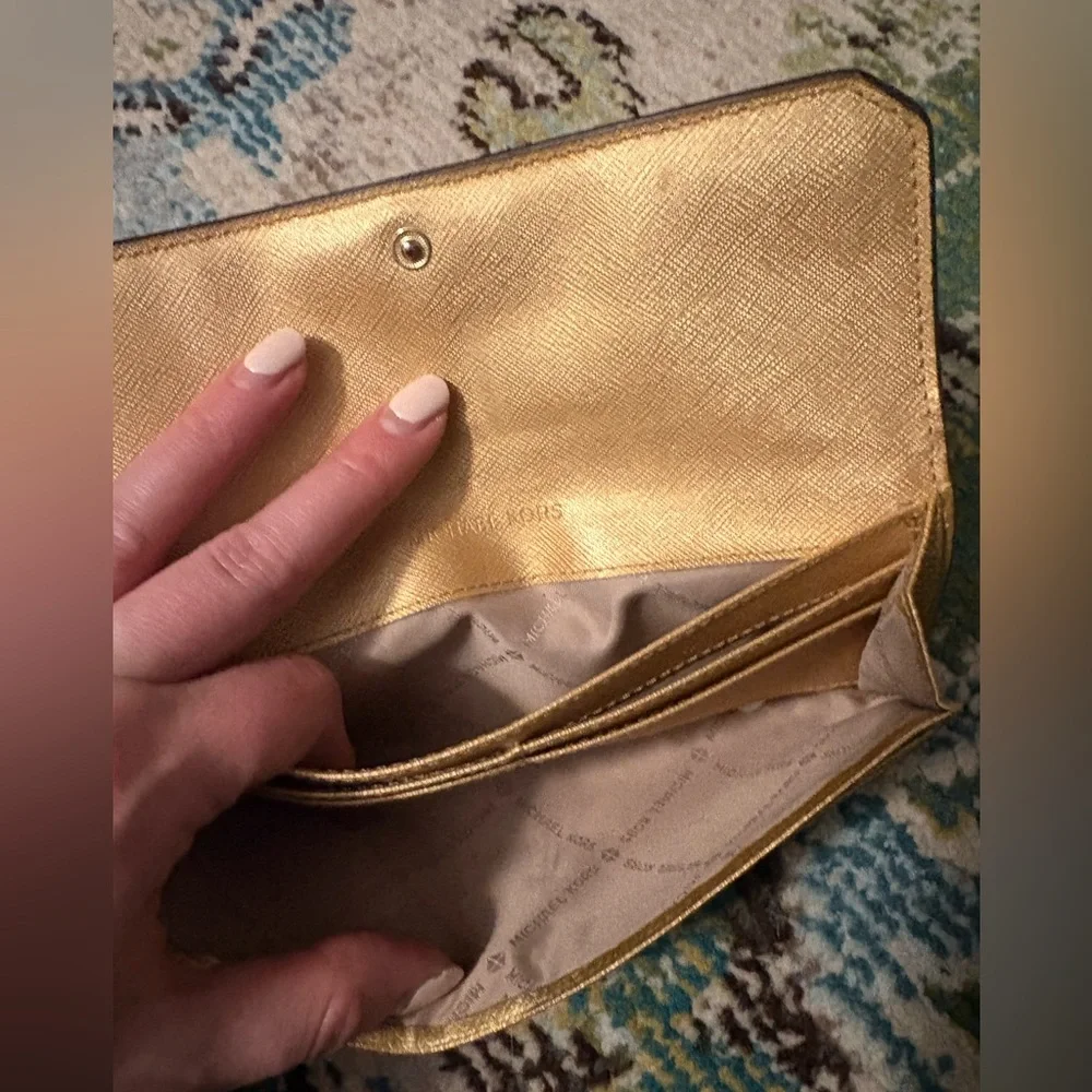 Michael Kors Gold Metallic‎ Leather Wallet Clutch Flap Snap Long Wallet